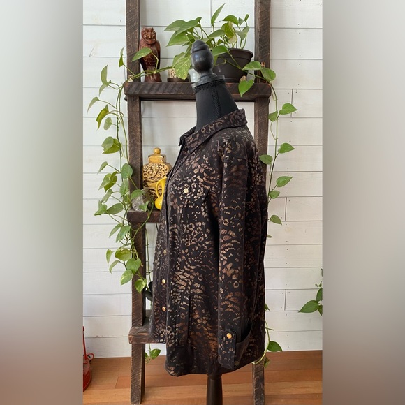 JM Collection: Black and Brown Animal Print  Jacket with Cuffed Sleeves - Picture 16 of 17